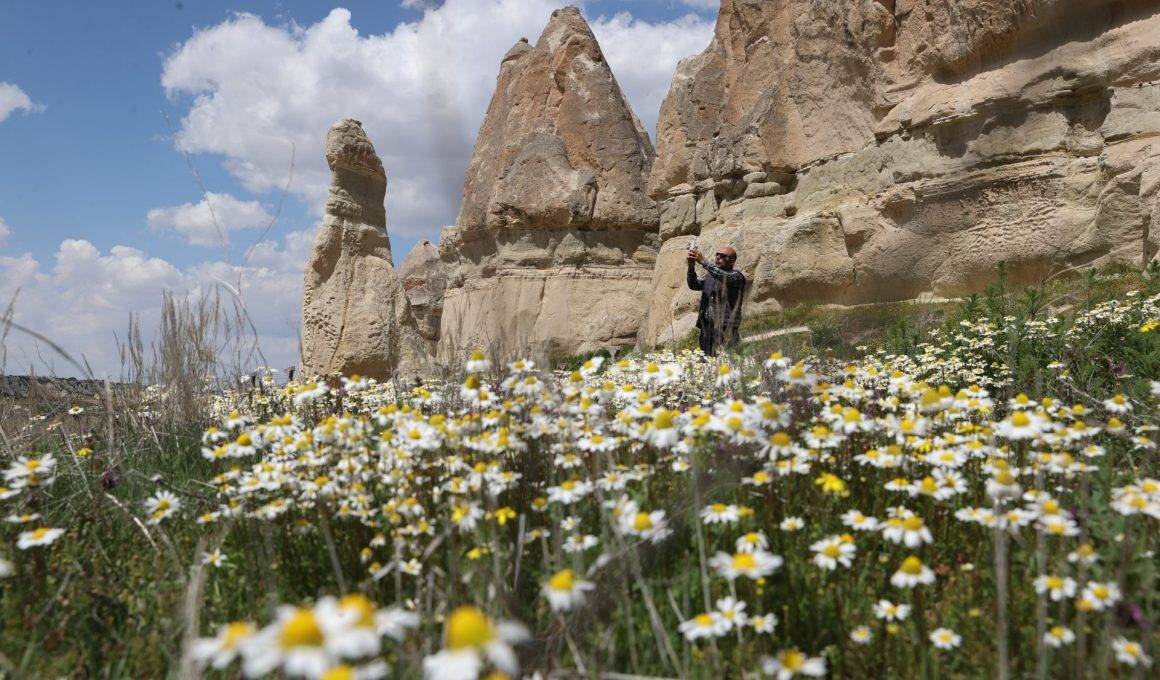 Kapadokya'daki peribacaları bahar çiçekleri ile süslendi