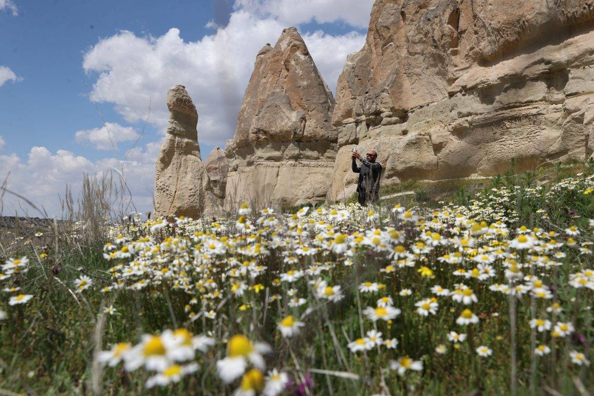 Kapadokya'daki peribacaları bahar çiçekleri ile süslendi