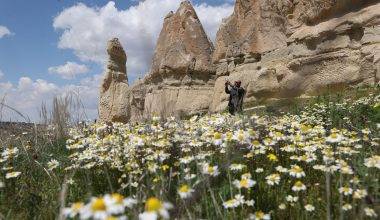 Kapadokya'daki peribacaları bahar çiçekleri ile süslendi