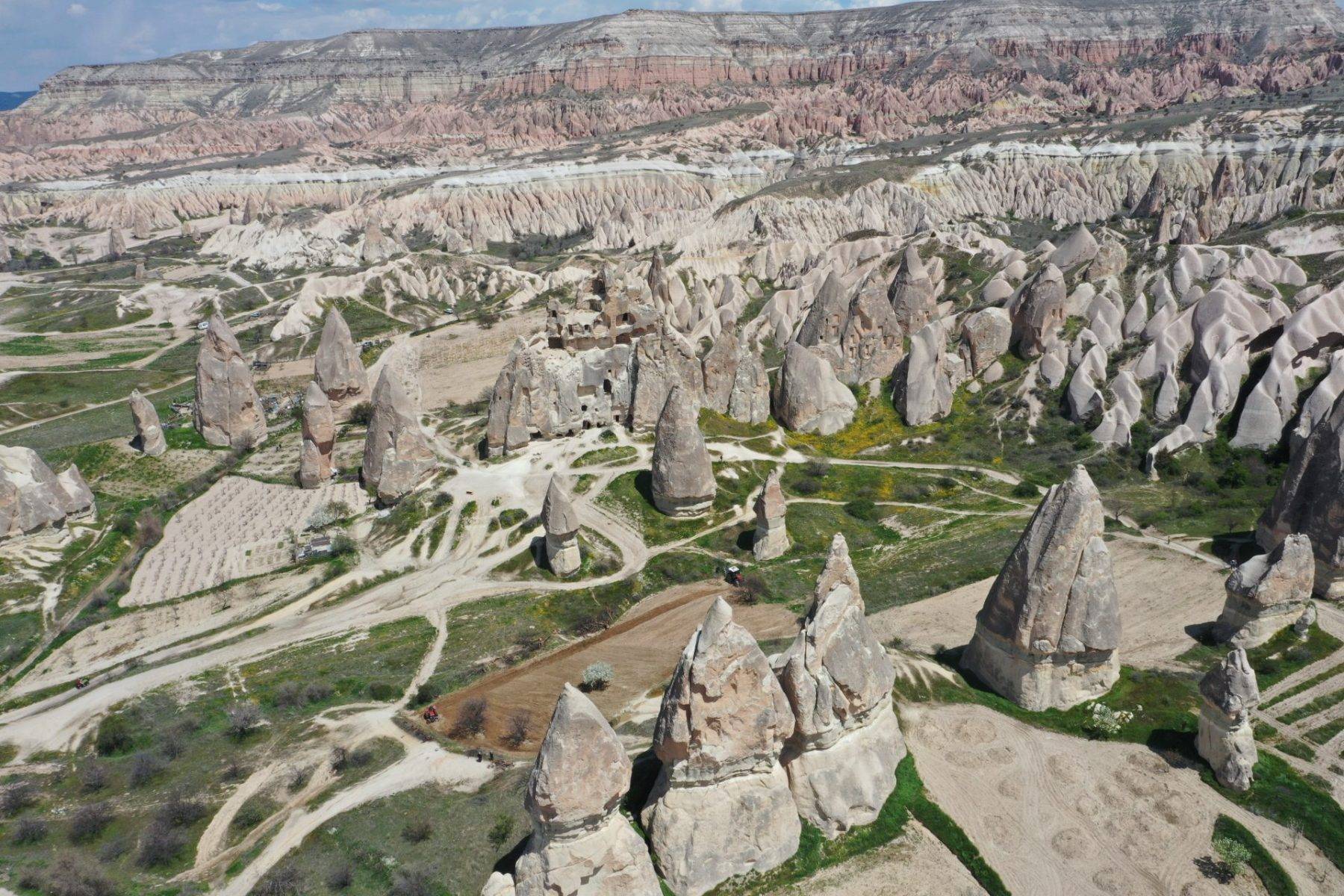Kapadokya'daki peribacaları bahar çiçekleri ile süslendi