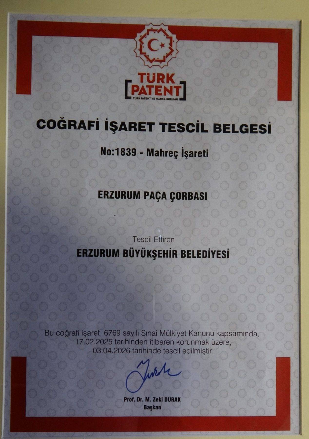 Erzurum Paça Çorbası Coğrafi İşaret Tescil Belgesi