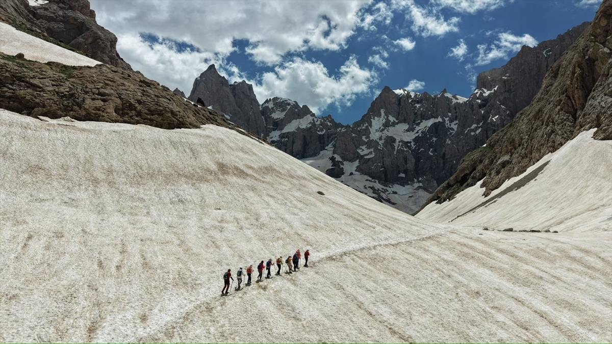Hakkari'de aynı anda 2 mevsim! Bir yanda buzullar bir yanda bahar çiçekleri